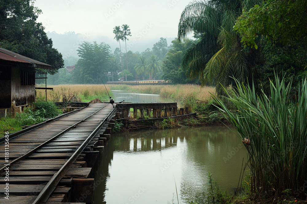 Quiet Riverside View With Wooden Bridge at Dawn Surrounded by Lush Greenery Quiet Riverside View With Wooden Bridge at Dawn Surrounded by Lush Greenery