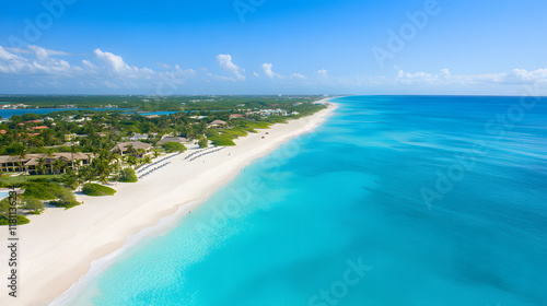 Aerial View of a Pristine Tropical Beach with Turquoise Waters on a Sunny Day. photo