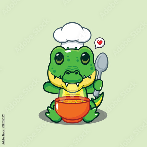 chef crocodile mascot cartoon character with soup
