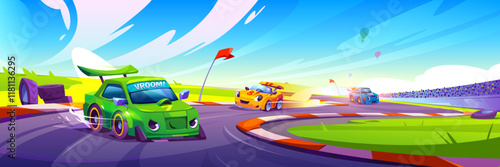 Race cars at speed competition. Vector cartoon illustration of cute color rally vehicles with emotions on face driving curvy road, competing to win race, audience watching sport cars moving fast