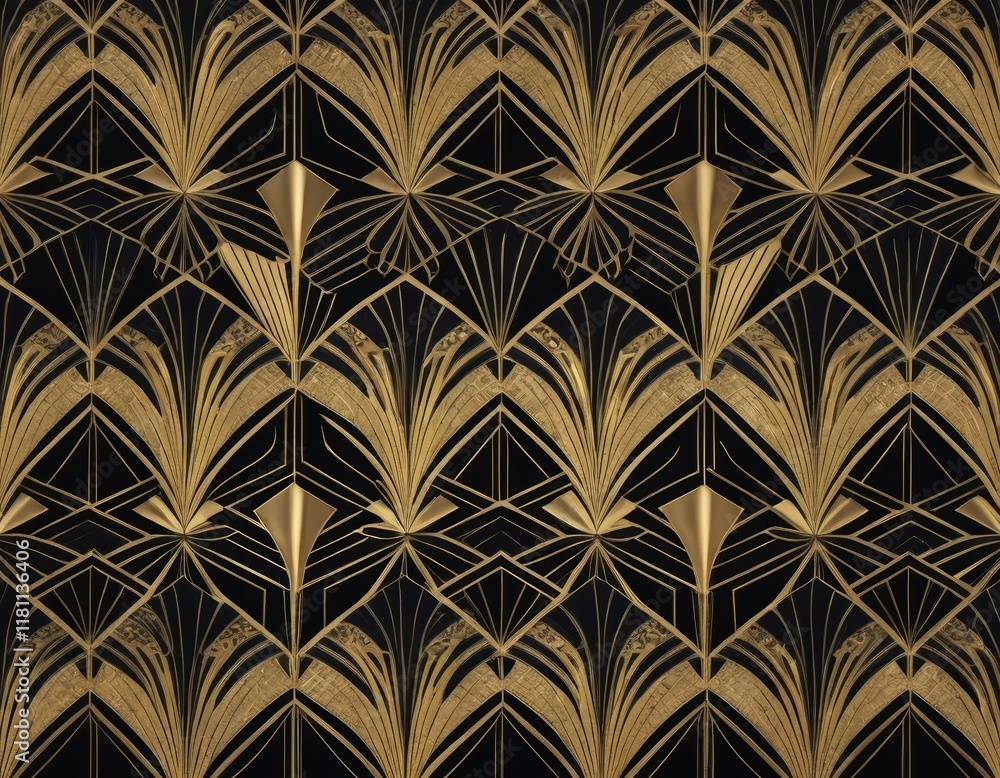 Fototapeta Art Deco Geometric Pattern, Gold and Black Seamless Texture, Luxury Design
