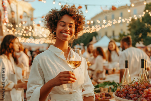 A close-up portrait of a smiling person enjoying a glass of wine at an outdoor festival, with blurred festive decor and mingling attendees in the background. photo