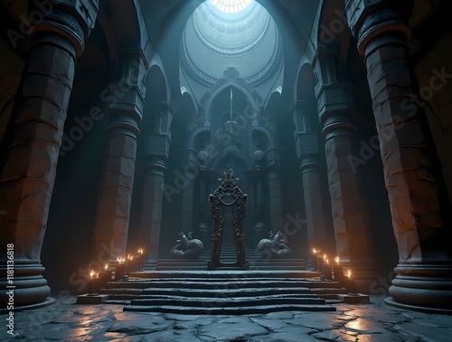 Majestic Gothic castle hall in dark fantasy style with throne, perfect for fantasy decorations photo