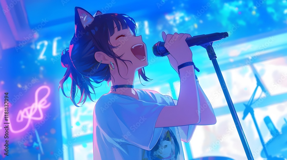 Fototapeta premium Cute anime girl singing karaoke in a lively and cheerful environment