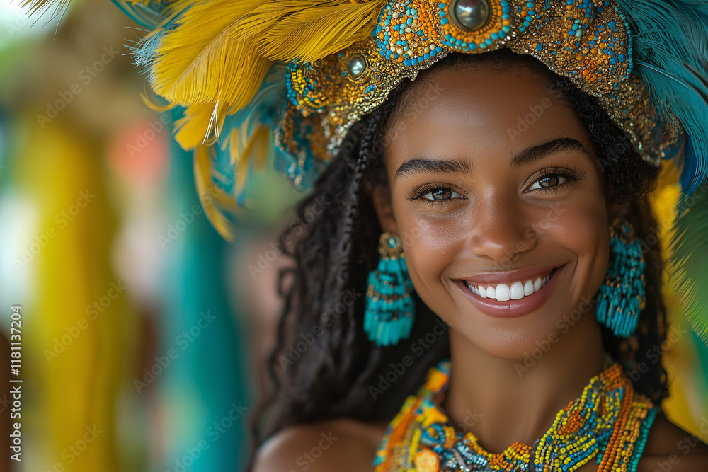 Fototapeta premium A close-up portrait of a samba dancer in traditional Brazilian carnival attire, smiling joyfully against a vibrant background of festival decorations.