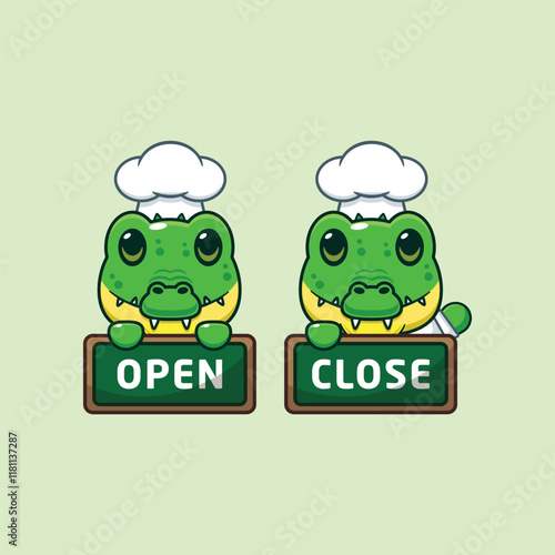 chef crocodile mascot cartoon character with open and close board