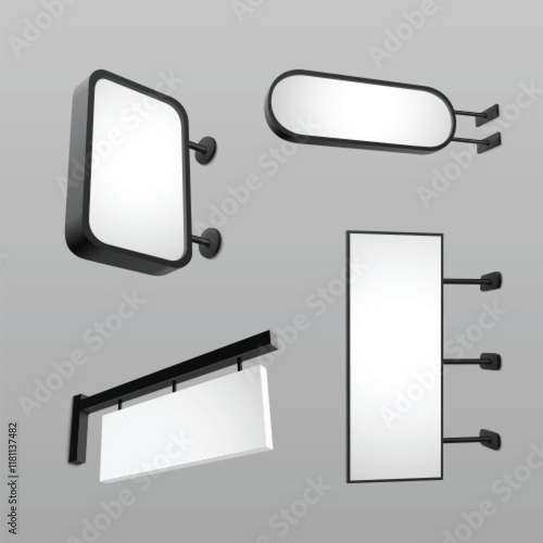 Wall mounted signage mockup set with modern blank displays - rectangular, oval and horizontal lightbox frames. Clean minimalist design of black metal holders and white illuminated panels for branding.