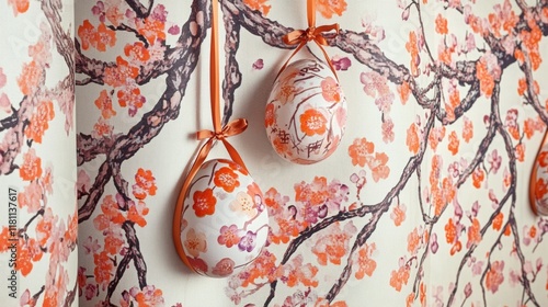 Japanese-inspired cherry blossom decor featuring elegant Easter eggs adorned with silk ribbons in a serene setting photo