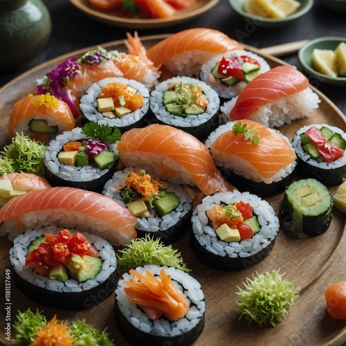 A plate of sushi donuts with colorful fish and vegetable toppings.