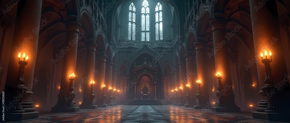 Majestic Gothic castle hall in dark fantasy style with throne, perfect for fantasy decorations Majestic Gothic castle hall in dark fantasy style with throne, perfect for fantasy decorations