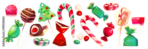 Christmas candy and lollipop set - striped peppermint canes, wrapped chocolates, tree shaped suckers, red bonbons, chocolate balls, green candies with glossy wrapper and mint sweets. Festive treats.