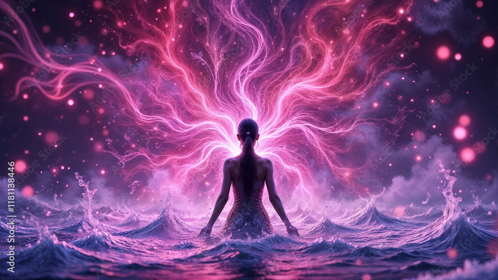 Woman immersed in vibrant waves, illuminated by ethereal colors and surrounded by musical notes at twilight Woman immersed in vibrant waves, illuminated by ethereal colors and surrounded by musical notes at twilight