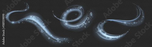Bubble swirl effect collection with transparent wavy trails - luminous curved streams decorated by sparkling spherical droplets on dark background. Dynamic flowing motion paths for underwater design.