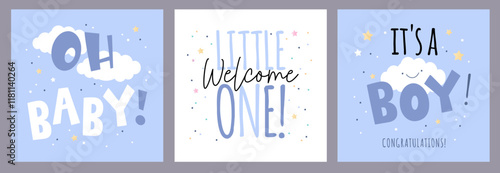 it's a boy,  invitation card set, newborn baby shower event, vector illustration