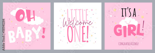 it's a girl! baby shower party, cute vector card set