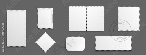 Postcard stamp frame collection with blank white shapes - rectangular vertical and horizontal, square templates with perforated edges, postal marks and seals. Mockup designs for mail communication.
