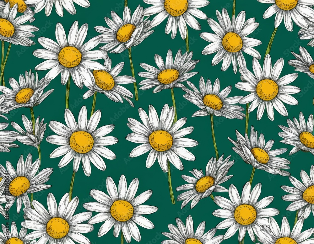 Fototapeta premium Elegant Seamless Pattern of Hand-Drawn Daisies on Dark Green Background