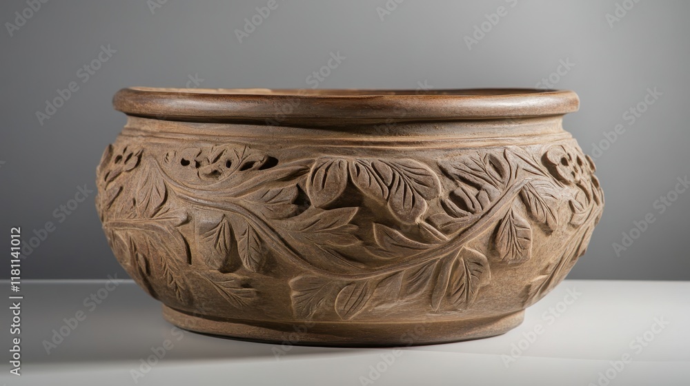Intricate Carved Wooden Bowl with Floral Motif Intricate Carved Wooden Bowl with Floral Motif