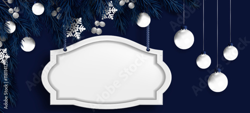 Merry Christmas 3d frame design - white ornate plaque hangs on dark blue background with pine branches, decorative spherical baubles and snowflakes. Festive border with glass balls and pine twigs.