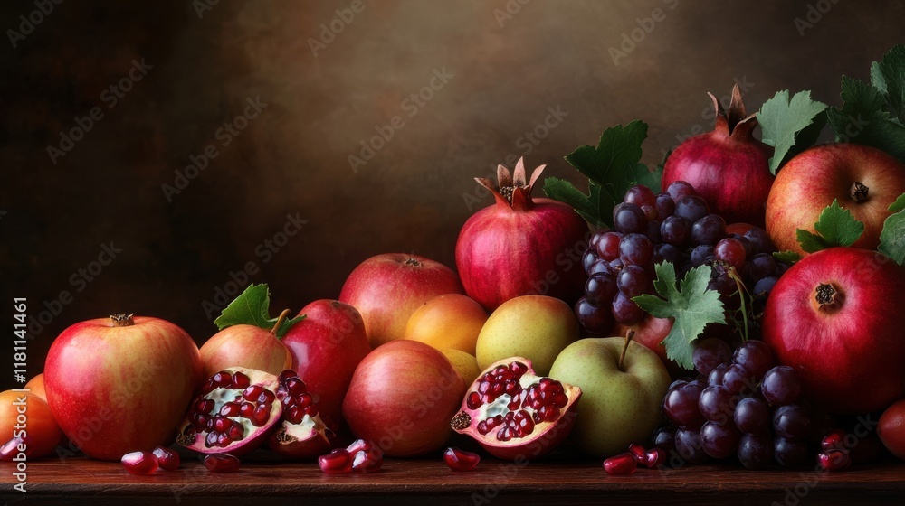 A vibrant arrangement of fruits like apples, pomegranates, and grapes on a wooden table, symbolizing abundance, with a soft kitchen background A vibrant arrangement of fruits like apples, pomegranates, and grapes on a wooden table, symbolizing abundance, with a soft kitchen background