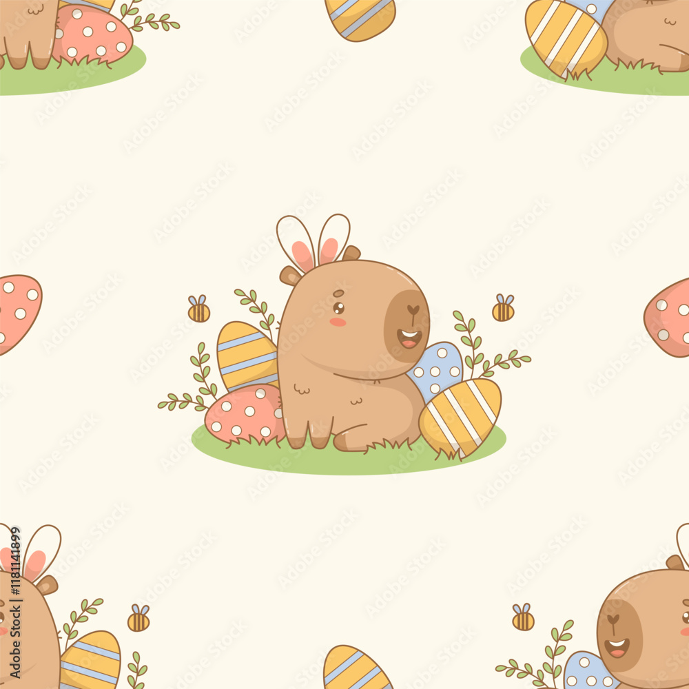 Easter Seamless pattern. Cute happy Capybara Bunny with decorative Eggs on light background. Holiday cartoon kawaii character. Vector illustration. Kids collection Easter Seamless pattern. Cute happy Capybara Bunny with decorative Eggs on light background. Holiday cartoon kawaii character. Vector illustration. Kids collection