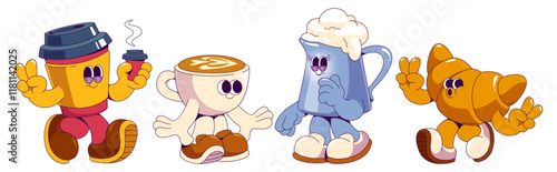 Groovy coffee character mascots set - disposable cup wearing boots showing peace sign gesture, ceramic mug with latte art surface, steaming jug filled with foam, croissant pastry making victory pose.