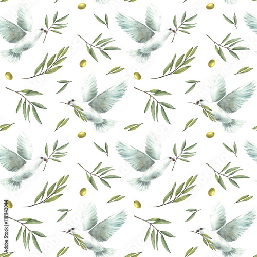 Pigeon with olive tree branch, green leaves and berries. Watercolor seamless pattern. White flying dove bird Hand drawn illustration for wedding, Baptism, religious fabric on isolated white background photo