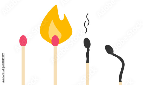 Match stick fire and burned icon vector simple, matchstick flame and burnout smoke minimal modern graphic flat cartoon illustration set image clip art
