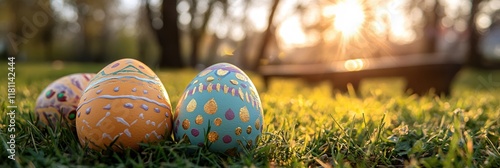 Easter Eggs in Sunny Spring Meadow Golden Hour Decor photo