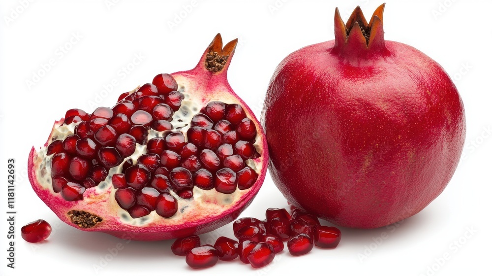 A whole pomegranate split open, revealing its bright red seeds, symbolizing prosperity, isolated on a white background A whole pomegranate split open, revealing its bright red seeds, symbolizing prosperity, isolated on a white background