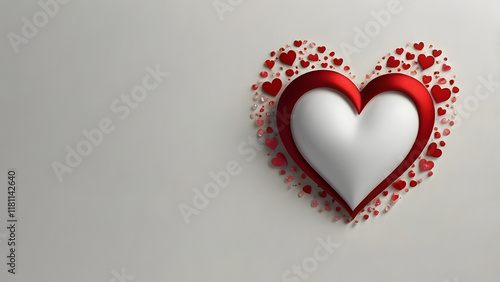 White volumetric heart matte with red border around small red hearts on white background space for text