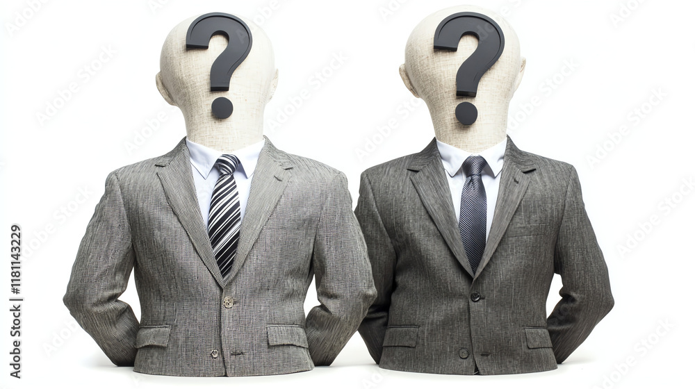 Business figures with question mark heads. Ideal for corporate identity and leadership uncertainty concepts. Business figures with question mark heads. Ideal for corporate identity and leadership uncertainty concepts.