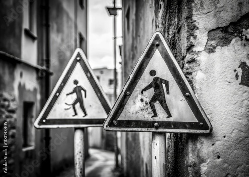 French road signs, stark black and white, documented in a gritty, photojournalistic style. photo