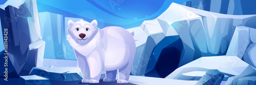 Polar bear standing near glacier arctic cave entrance - frozen landscape with crystalline ice formations, snowy terrain, deep blue cavern opening. White fluffy wild animal in winter environment.