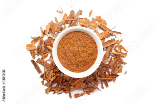 Wallpaper Mural A bowl of Organic Cinnamon sticks (Cinnamomum verum) powder, placed over a heap of Cinnamon sticks. Isolated on a white background. Torontodigital.ca