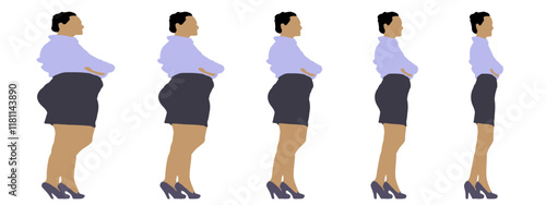 Conceptual fat overweight obese female vs slim fit healthy body after weight loss or diet on white background banner. A  fitness, nutrition or obesity, health shape illustration vector as silhouettes