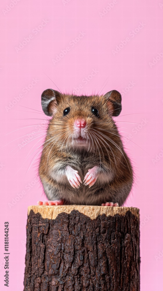 Obraz premium Brown hamster posing on wooden platform with pink background