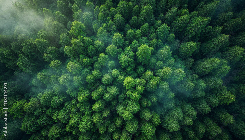 Fototapeta premium Lush green forest seen from above showcasing diverse tree canopy during early morning hours