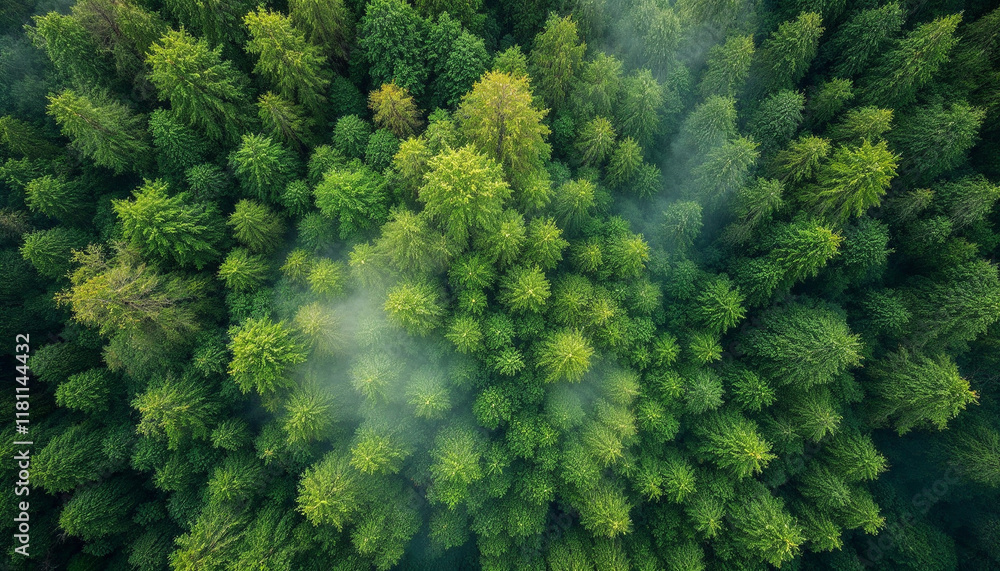 Naklejka premium Expansive green forest canopy revealing diverse tree tops under soft morning mist