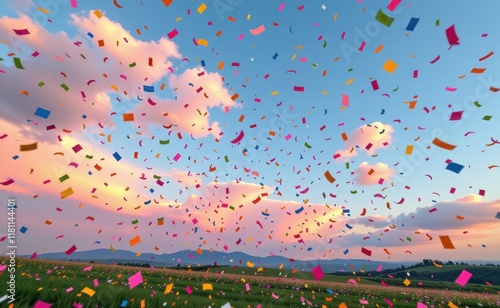 A whimsical scene with colorful confetti raining down from a vibrant sky over a field of flowers, creating a joyful and celebratory atmosphere.