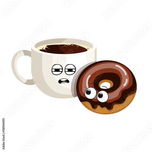 A cute cup of coffee or hot chocolate with chocolate Doughnut cartoon character illustration vector with bored face expression and excited eyes