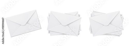 Realistic white paper envelope stack collection - single mail, orderly grouped correspondence, messy piled letters. Clean blank postal stationery set with shadow for mockup design presentation.