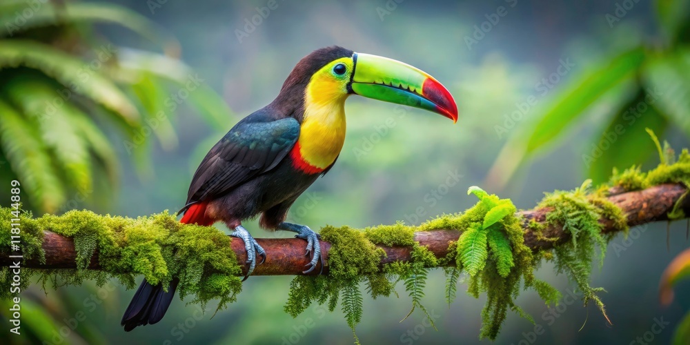Fototapeta premium Long exposure reveals a stunning keel-billed toucan in vibrant rainforest, showcasing its vivid colors.