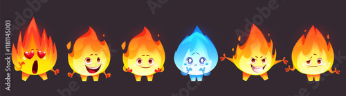 Fire characters set isolated on black background. Vector cartoon illustration of burning flame mascots with kawaii style face, emoji in love with heart eyes, happy, angry, scared, cheerful emotions