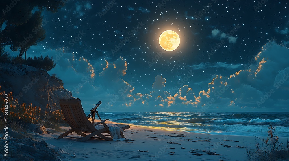 A simple lounge chair on a quiet beach, paired with a telescope pointing to a radiant starry sky, a warm blanket adding comfort, the moonlight creating a soft, ethereal glow over the sand and waves, A simple lounge chair on a quiet beach, paired with a telescope pointing to a radiant starry sky, a warm blanket adding comfort, the moonlight creating a soft, ethereal glow over the sand and waves,