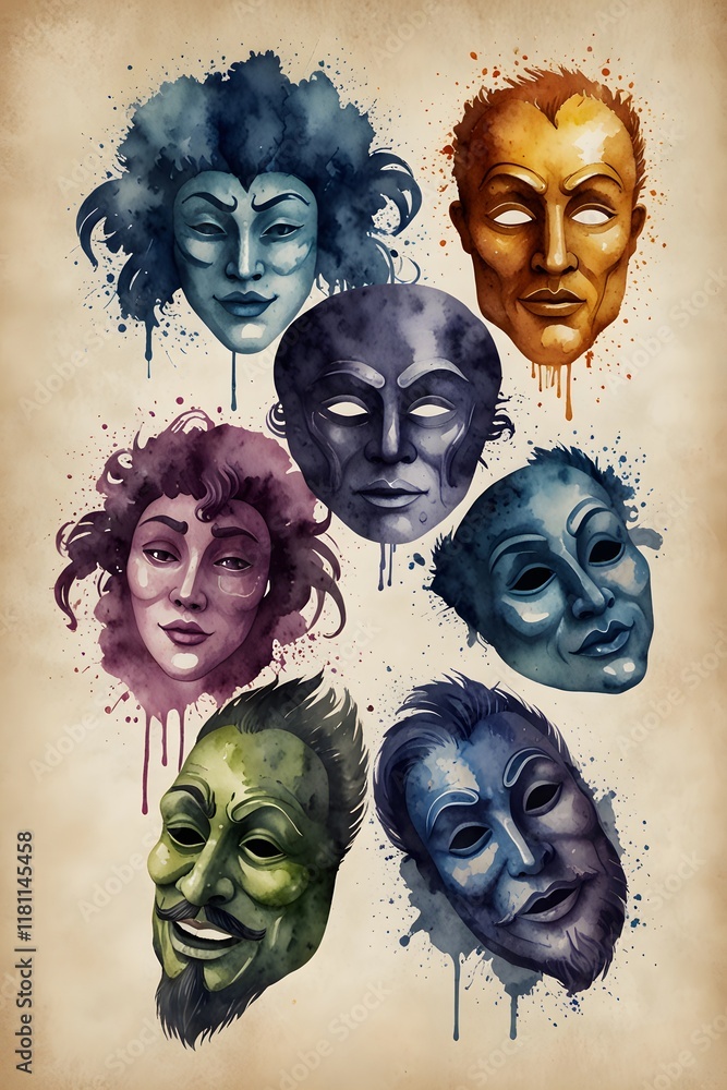 The evolution of theatre masks in watercolor style The evolution of theatre masks in watercolor style