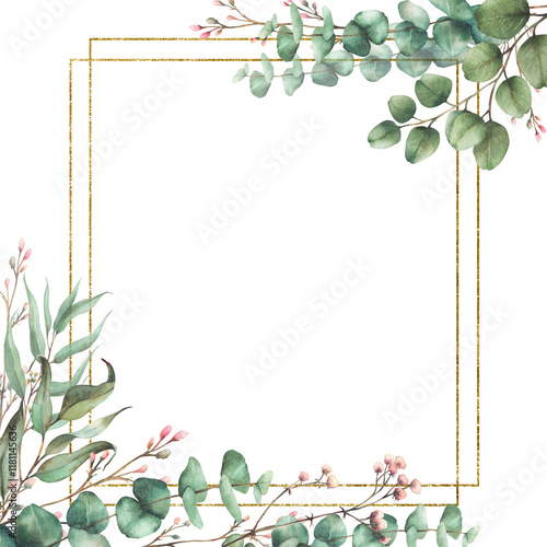 Eucalyptus plant and Gypsophila flower twig with gold frame. Watercolor floral square card template. Green branches with round leaves and pink buds. Hand drawn illustration isolated from background 