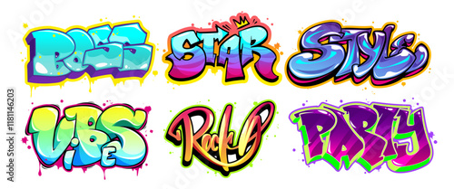 Graffiti cartoon lettering collection in bright gradient colors. Street art typography designs with decorative text painted with spray paint effect, drips, splatter marks, outlines. Urban style words.