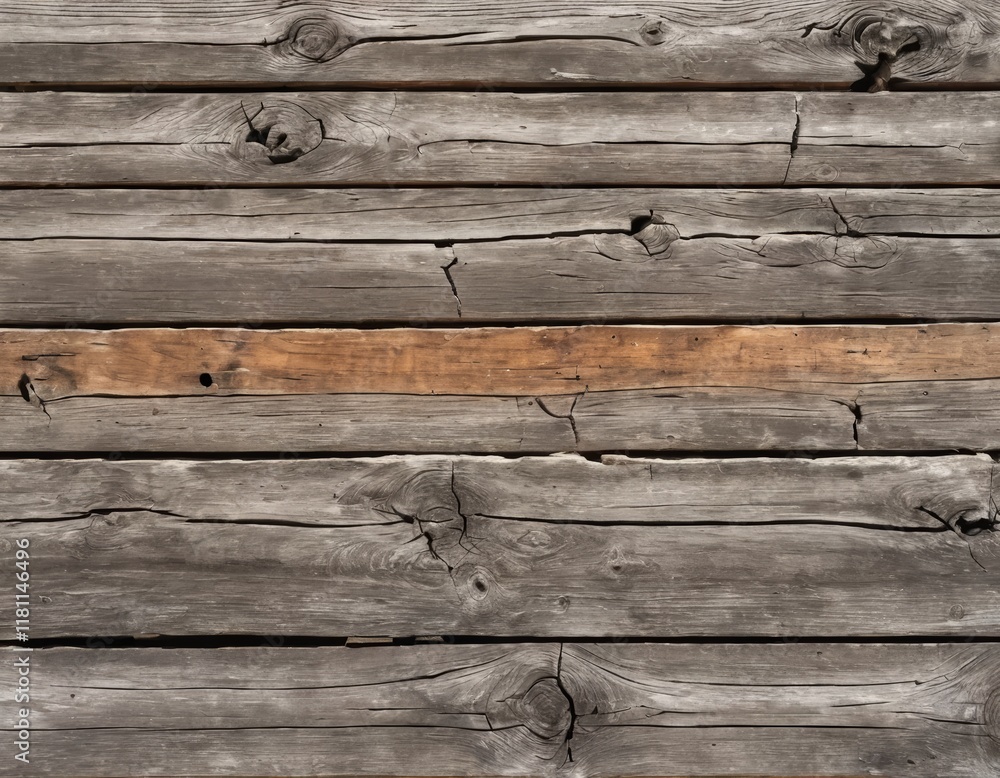 Rustic Weathered Gray Wood Planks Texture:  Authentic, Aged Wooden Background with a Brown Accented Plank