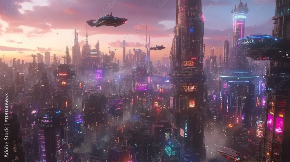 Fototapeta premium Futuristic cityscape at sunset with flying vehicles.